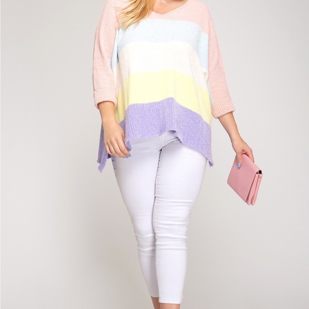 107- She+Sky NWT 3/4 Cuff Sleeve Color Blocked Chenille Knit Sweater One Size